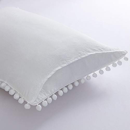 MoonxHome Pom Pom Fringe Pillowcases, Double Brushed Microfiber Pillow sham Pillow Cover Set Standard/Queen Size White
