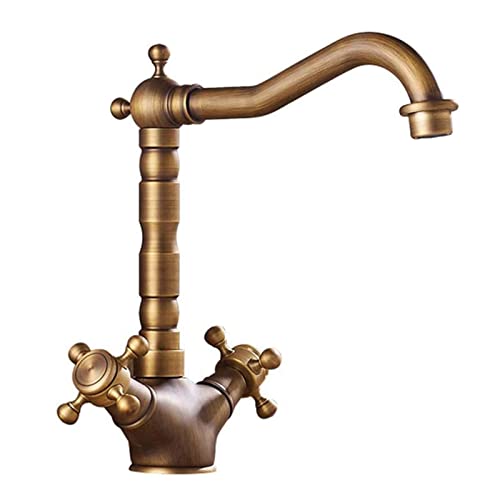 Vintage Kitchen Sink Tap, 360° Rotatable Brass Bathroom Sink Mixer Tap, Double Handle Bathroom Tap, Hot and Cold Tap, with Flexible Hose, Durable Design