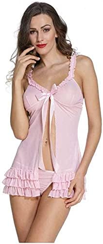 Fihana Women`s Net Lace Above Knee Transparent V-Neck Sleeveless Chemise Babydoll Lingerie S-3XL Pink