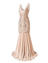 VVMCURVE Vestido de fiesta de noche largo con lentejuelas y cuello en V negro de lentejuelas negras de 1920 para mujer