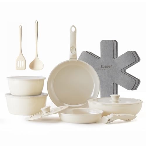 Redchef Pan Set, 16-Piece Non-Stick Ceramic Cookware Set with Removable Handles, Pan 20/26 cm, Deep Frying Pan 26 cm, Pot 18/20 cm, Stackable Pot Set for All Hobs, Oven Safe