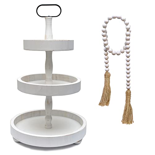 Tiered Tray Farmhouse Decor with Bead Garland, White Stand, Tier