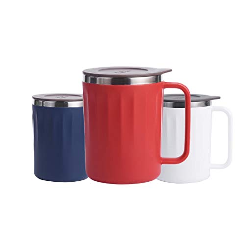 Stainless Steel Insulated Coffee Mugs with Lid and Handle, 14 oz | Travel Insulated Cup for Hot & Cold Drinks, BPA Free (Red - Stripe Pattern)