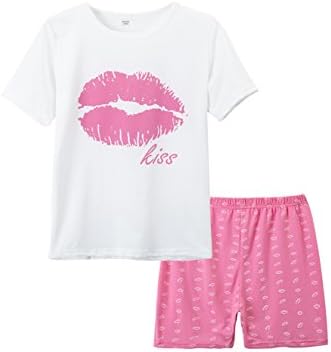 VENTELAN Summer Pajamas Set for Big Girls Cute Pink Lips Sleepwear Size 7-16