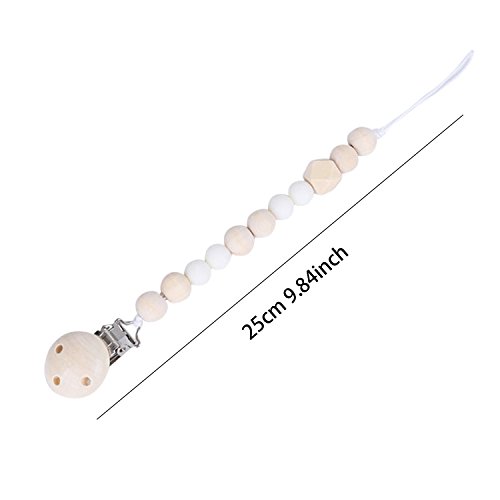 Migavan Baby Pacifier Clip Baby Feeding Nipple Pacifier Clips Holder with Wooden Teething Beads Strap Chains Toys for Baby Boy Girl Toddlers White 2pcs