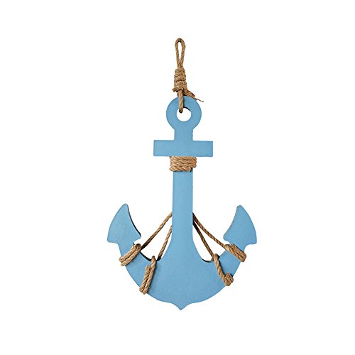 Waroom Home Wooden Anchor with Rope and Crossbar, Blue Wood Nautical Decor Anchor Wall Hanging Ornament Plaque, 18â€™â€™H 12.5â€™â€™W