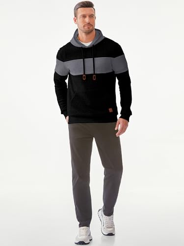 JMIERR MEN’S PLAID HOODIES DRAWSTRING KNIT HOODIE PULLOVER CASUAL WAFFLE HIPSTER SWEATSHIRTS LONG SLEEVE SWEATERS, US38(S), A BLACK
