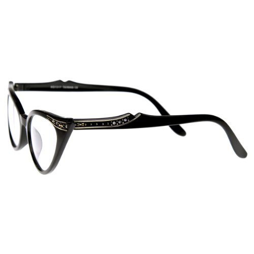 zeroUV - Vintage Cateyes 80s Inspired Fashion Clear Lens Cat Eye Glasses with Rhinestones (Black)
