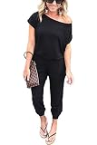 Timemory Women Sexy Off Shoulder Elastic Waist Beam Foot Jumpsuit Black L