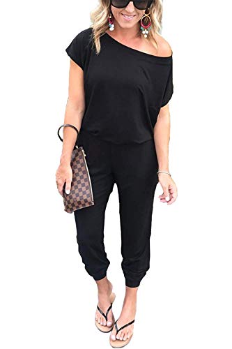 Timemory Women Sexy Off Shoulder Elastic Waist Beam Foot Jumpsuit Black L