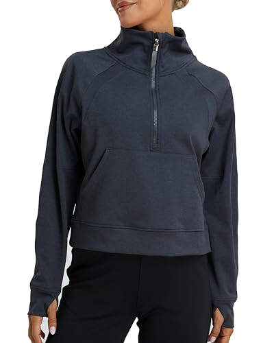 Oalka Sweatshirts Half Zip Long Sleeve Cropped Pullover Lined Full Zip Hoodies Thumb Hole Jackets 1/2 Zip Charcoal Heather M at Amazon