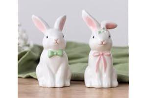 Ceramic Easter Bunny Salt and Pepper Shaker Set, White with Pink and Green Bows, 3.5 Inch, Cute Rabbit Couple, Spring Decorat
