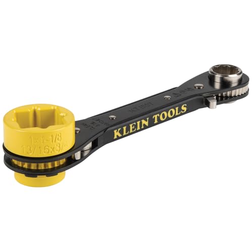 KLEIN TOOLS KT155T 6-in-1 Linemans Ratcheting Wrench with Bolt Through Design and Bright Yellow Socket