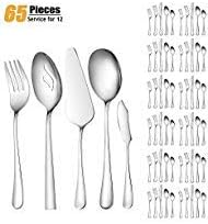 Silverware Set, Blingco 65 PCS Flatware Set, Stainless Steel Cutlery Utensils Service for 12, Kitchen Hotel Restaurant Tableware Set, Icnlude Knife/Fork/Spoon, Mirror Polished, Dishwasher Safe