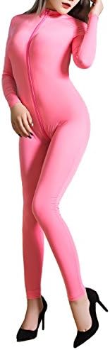 MOMEIME Women Lingerie Double Zipper Long Sleeve Sexy Bodysuit Bodystocking Crotchless Sexy Lingerie(Pink)