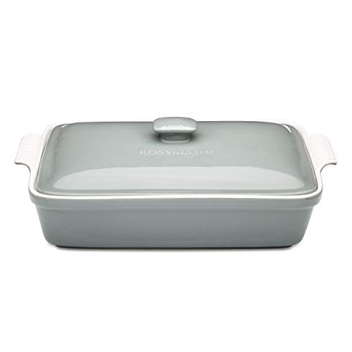 Rossallini Stoneware Casserole Dish Bakeware Set with Lid, Covered Rectangular Dinnerware, Large 4 Quart, 13 by 9 Inch, Grigio [Grey]