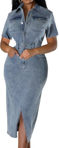 SxClub Denim Dress for Women V Neck Button Down Long Split Jean Dresses at Amazon