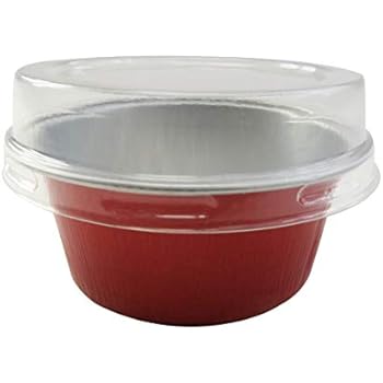 KitchenDance Disposable Aluminum Mini Baking Cups/Dessert Cups- 1-1/2 oz Capacity- Pack of 100 (With Lids, Red)