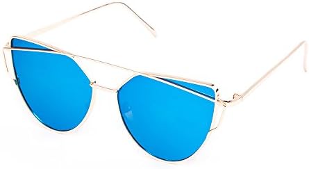 MT MIT Women Cat Eye Mirrored Lens Full Metal Frame Fashion Sunglasses UV Protection(Golden_Blue)