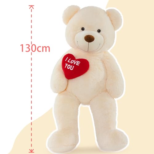 MorisMos 130 cm Giant Plush Bear with I Love You, XXL Ivory Plush Teddy Bear Large Soft Teddy Bear Gift for Baby Girlfriend Her Birthday Decorations