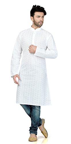 TrendyFashionMall Mens Traditional Embroidery Work Long Kurta White-04 XXXL-50