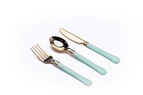 Sugar & Cloth Mint and Gold Plastic Disposable Flatware Set, 36-Piece, Service for 12