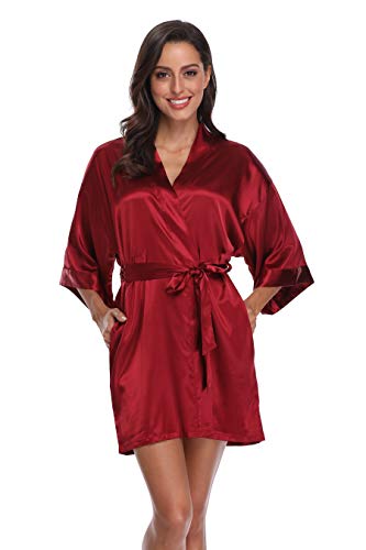 Women's Silky Bride Bridesmaid Kimono Robes Short Wedding Party Getting Ready Robe Dressing Gown with Gold Glitter, Bridesmaid Wine L - Thumbnail 2