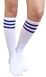AM Landen Women's Casual White with Three Blue Stripes Knee High Socks Girls socks