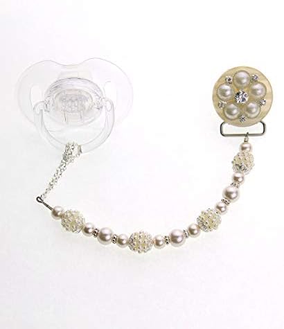Elegant Ivory Vintage Flower Pearls and Beads Keepsake Baby Girl Pacifier Clip 8 inch (CBGF)
