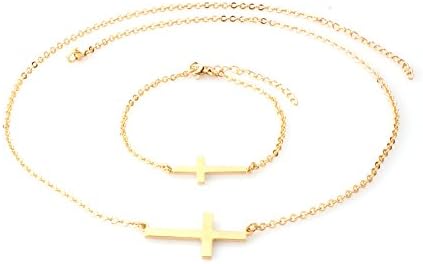 Gold Tone Stainless Steel 9" 22" 3MM Sideways Horizontal Cross Pendant Necklace Bracelet Set