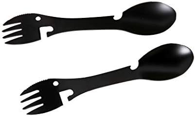 Kampstuff Spork Multi Tool (2 Pack) Black, Camping Outdoor Spoon and Fork (Spork), with Knife Edge, Bottle and Can Opener. Heavy Duty Camping Eating Utensil