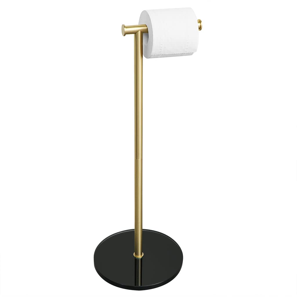 Sayayo Toilet Roll Holder Free Standing Toilet Paper Holder for Bathroom, SUS304 Stainless Steel Gold Pole and 12MM Extra Thick Tempered Glass Round Base with Additional Hook Design, EGKN220LD-GB