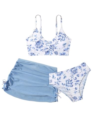 COZYEASE Girls' 3 Piece Set Floral Print Bikini Swimsuit with Drawstring Beach Skirt Cute Ruched Bathing Suit