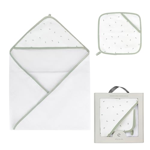 Ely's & Co. Baby Hooded Towel and Wash Cloth Set, Thick Absorbent 100% Cotton Terry, for Newborn Baby Girl/Boy, Bath Towel 35x35” with Pocketed Wash Cloth 10x10” (Sage Pear Collection)