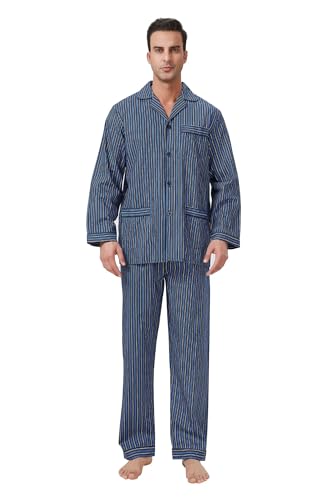 GLOBAL Mens Pajamas Set, 100% Cotton Woven Drawstring Sleepwear Set with Top and Pants/Bottoms at Amazon