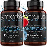 (2-Pack) Omega 3 Fish Oil, Strawberry Flavor, Burpless, Tasteless, 2000mg, Triple DHA EPA, Triple Strength Brain Support, Made with AlaskOmega&reg;,