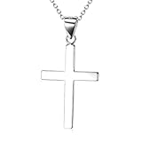 LUHE 14K White Gold Plated Sterling Silver Small Cross Pendant Necklace for Men Women Girls Boys (18.0 inches)