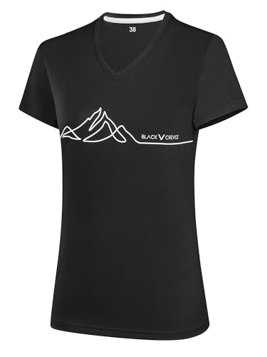 Black Crevice Women's Functional V-Neck Short Sleeve T-Shirt, 100% Polyester, Antibacterial, Breathable and Quick Dry