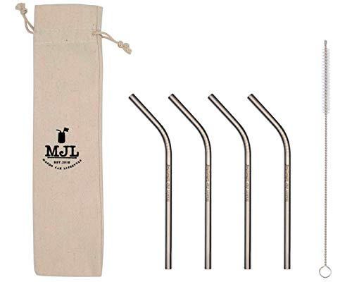 Short Thin Bent Stainless Steel Straws for Cocktail Glasses, Small Cups, or Half Pint Mason Jars (4 Pack + Cleaning Brush + Cloth Bag)