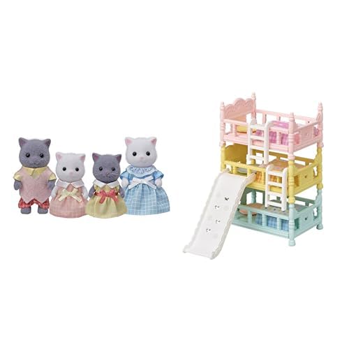 Calico Critters Persian Cat Family Set of 4 Collectible Dolls (3" & 2.25" Tall) with Triple Bunk Beds Playset