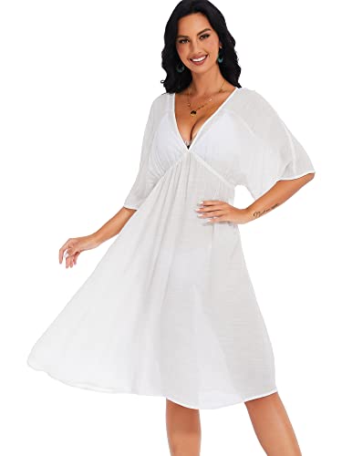 BREEZY LANE LONG BEACH DRESSES FOR WOMEN WHITE V NECK SHORT SLEEVE SWIMSUIT COVERUP RESORT WEAR FOR VACATION