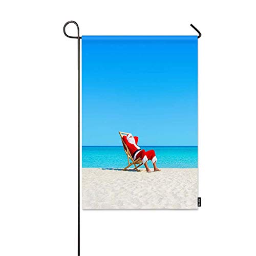Mugod Santa Claus Garden Flag Christmas Santa Claus Relaxing on Sunlounger at Ocean Sandy Tropical Beach Decorative Spring Summer Outdoor House Flag for Garden Yard Lawn 12 x 18 Inch