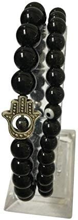 Men's Hand of Hamsa Black Beaded Bracelet & Plain Black Beaded Bracelet 2 Piece Set Stylish Holiday Gift