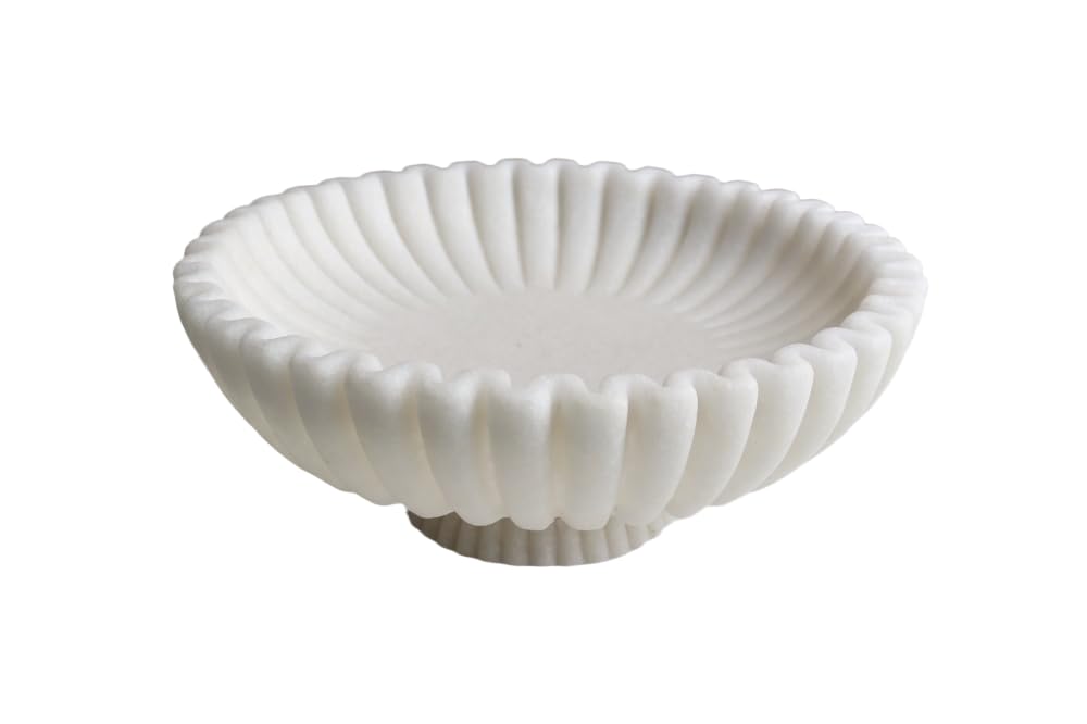 View 1 of 12" Large Decorative Bowl decor , Scalloped Pedestal Bowls for Modern Home Decor,Ruffle Decor,Stylish Key Bowl for Entry Table,Decorative Fruit Bowl for Kitchen Counter,Artificial Stone Milky white