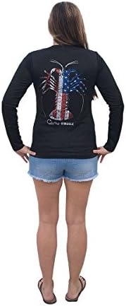 Country Shore American Flag Spiny Lobster Black V-Neck UPF Long Sleeve Shirt - XX-Large