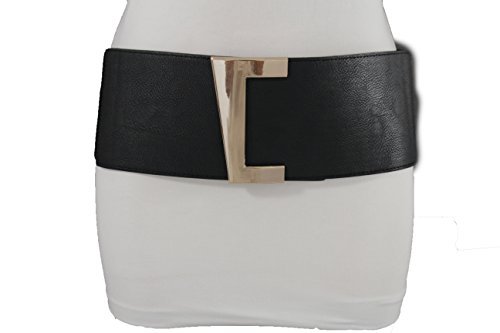 TFJ Women's Fashion Corset Belt Wide Hip Waist Faux Leather Elastic Metal Gold Buckle Small Medium Black