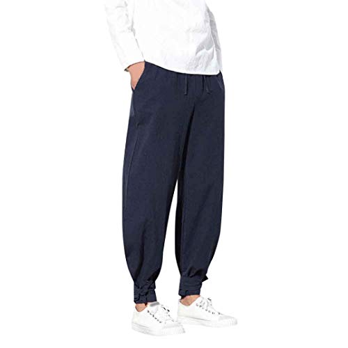 Willsa Men's Pants Men Chinese Harem Elastic Waist Solid Cotton Loose Baggy Trousers Plus GY/3XL - Thumbnail 6