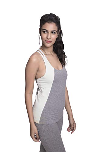 Satva Premium Organic Cotton Open Back Strappy Tank Top Camisole with Built in Shelf Bra for Yoga Workout Running Sports Training Cycling Arhat Fitted Cami, Heather Gray& Mint, X-Small