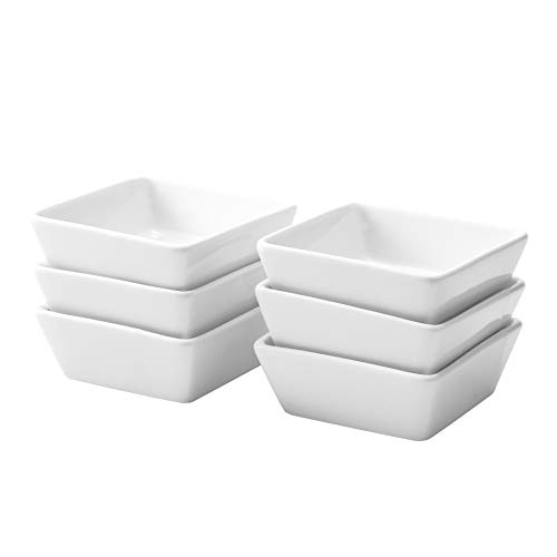 Bruntmor 4 Oz White and Teak Square ramekins Ceramic Ramekin Set of 6, 4 Ounces ramekins. Perfect baking dishes for oven, serving dipping sauces baking set, Ceramic serving bowls.