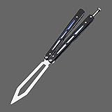 Uxcellmo Folding Tactical Trainer Practice Butterfly Knife G10 Handle Bearings Stone Wash Metal Steel Blunt Dull Blade Unsharpened Tool for Smooth Safety Play (Black with Blue)